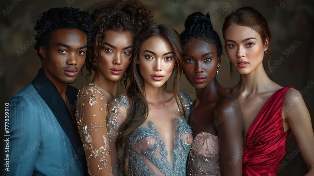 Obraz premium Exquisite portrayal of culturally diverse couples in high fashion, authentically lifelike, yet flawlessly beautiful. .generative ai
