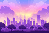 Purple cityscape background City buildings and trees at city view. Monochrome urban landscape with clouds in the sky. 