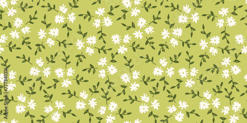 Green background with leaves and white flowers. Floral seamless vector pattern for textile or wallpaper. 