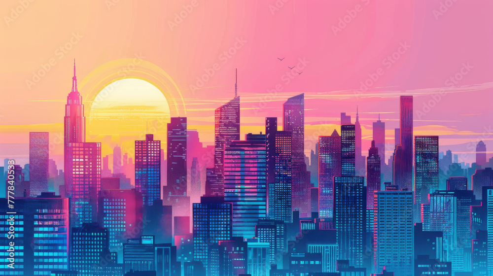 Sunset or sunrise Modern city skyscrapers panorama of tall buildings urban background. 