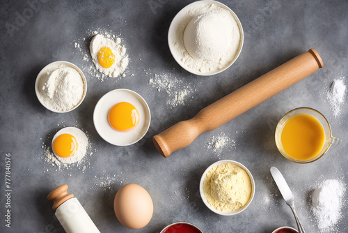 Various ingredients for baking, including flour, sugar, eggs, and butter. photo