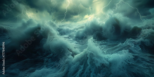 In the digital realm, tumultuous ocean waves under a stormy sky come alive, accompanied by the intense energy of thunderclouds and lightning strikes.