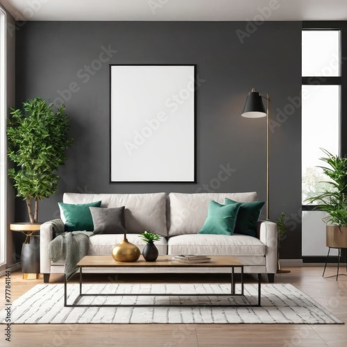 modern living room with sofa, picture mockup on the wall