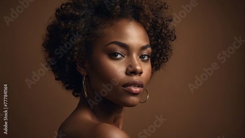 Black woman, beauty and skincare face portrait for natural afro, facial or hair care cosmetics, Healthy, beautiful and assertive model with curly hair shine and texture in brown studio background