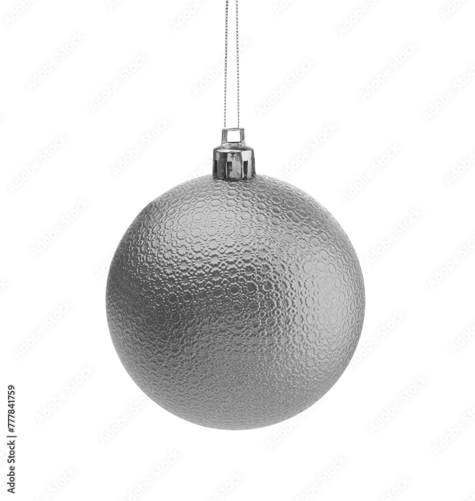 Silver Christmas ball hanging on white background Silver Christmas ball hanging on white background