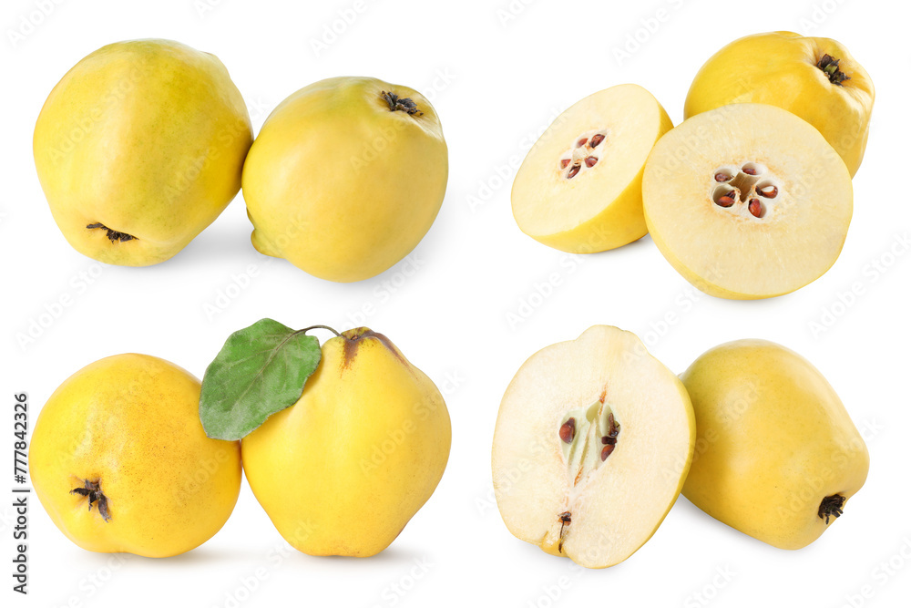 Fresh ripe quince fruits isolated on white, set
