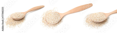 Collage of dry barley groats in wooden spoon on white background, top and side views