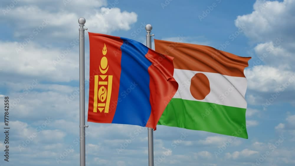 Niger and Mongolia two flags waving together, looped video, two country relations concept