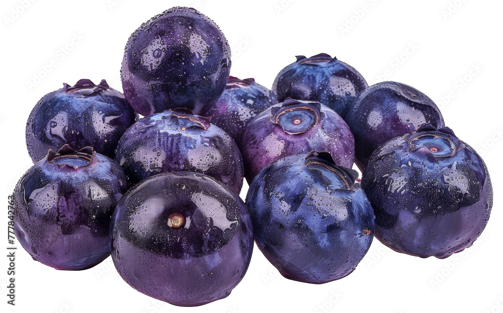 Obraz premium A bunch of blueberries are wet and shiny, cut out - stock png.