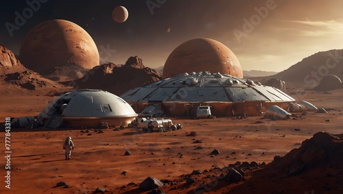 A detailed illustration of a futuristic space colony on Mars, featuring domed habitats and advanced rovers exploring the red landscape Generative AI