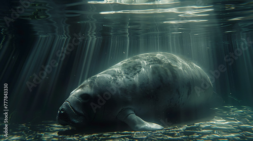 The main subject is a manatee, a large marine mammal with greyish-brown skin, floating or swimming underwater.