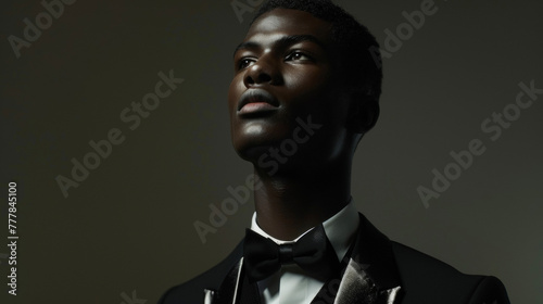 Against a backdrop of soft lighting a lone black man gazes into the distance wearing a classic tuxedo with a satin lapel. The effortless grace and poise of his posture showcase the .