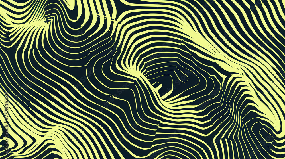 Abstract black and yellow wavy line pattern creating a hypnotic optical illusion on a background. Abstract black and yellow wavy line pattern creating a hypnotic optical illusion on a background.