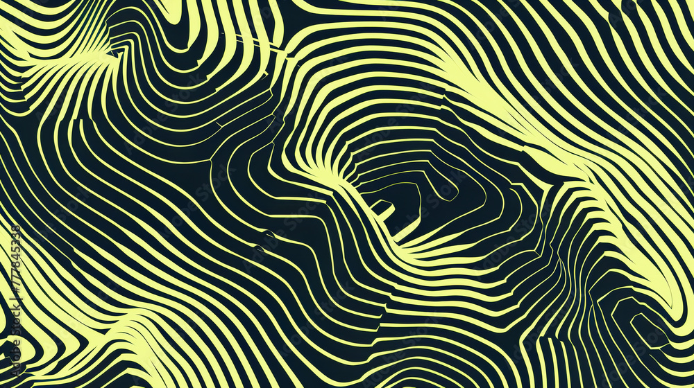 Abstract black and yellow wavy line pattern creating a hypnotic optical illusion on a background.