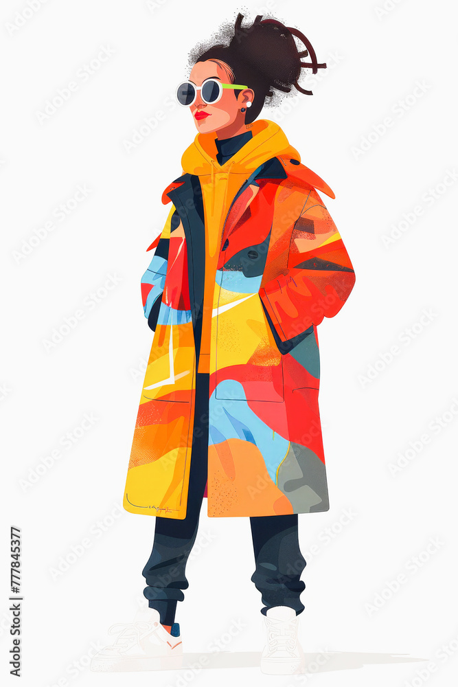 Stylized illustration of a person wearing a colorful coat, sunglasses, and sneakers with a confident pose and abstract design elements. Stylized illustration of a person wearing a colorful coat, sunglasses, and sneakers with a confident pose and abstract design elements.