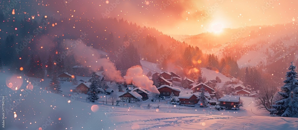 Tranquil SnowCovered Village Basks in Serene Bokeh Sunset Glow