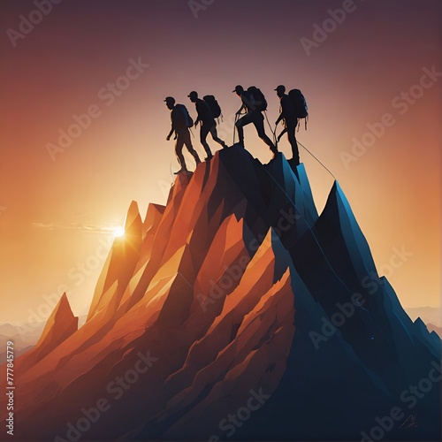 AI art depicts business team climbing towards summit, symbolizing unity, determination, and progress.
