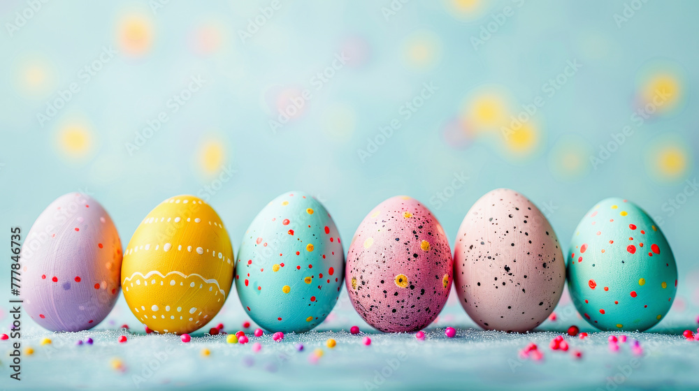 Colorful painted Easter eggs lined up against a pastel blue background with confetti. Festive holiday decoration. Colorful painted Easter eggs lined up against a pastel blue background with confetti. Festive holiday decoration.