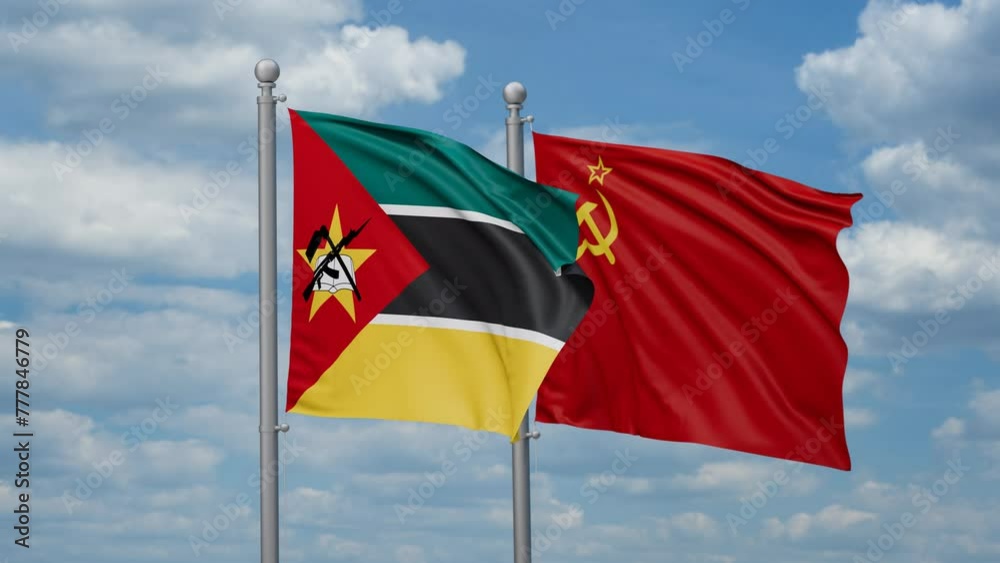 Soviet Union or USSR and Mozambique two flags waving together, looped video, two country cooperation concept