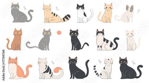 Hand drawn abstract cats, kitten, flat icons set. Color isolated illustrations. 