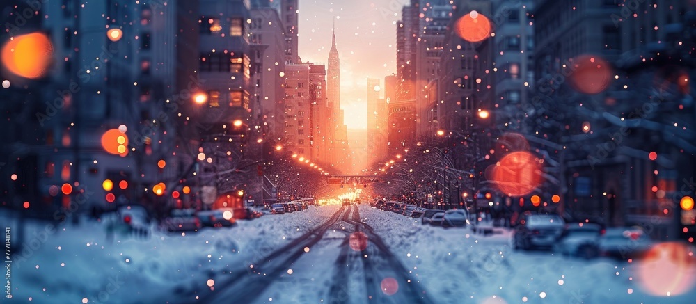 Tranquil Sunset Hues A Snowy Cityscape Basks in Dreamy Bokeh Light