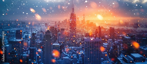 Warm Sunset Hues Transforming Snowy Cityscape into a Dreamy Bokehlit Landscape