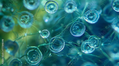 A closeup of a vibrant bluegreen cyanobacteria colony with numerous round cells connected by thin filaments resembling a miniature © Justlight