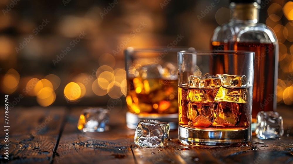 Whiskey with ice cubes in glass and bottle on table, space for text Whiskey with ice cubes in glass and bottle on table, space for text