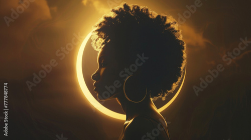 A black woman with a serene expression stands in profile against a dark sky the golden rays of the eclipse cascading around her figure. Her simple yet elegant dress blends seamlessly .