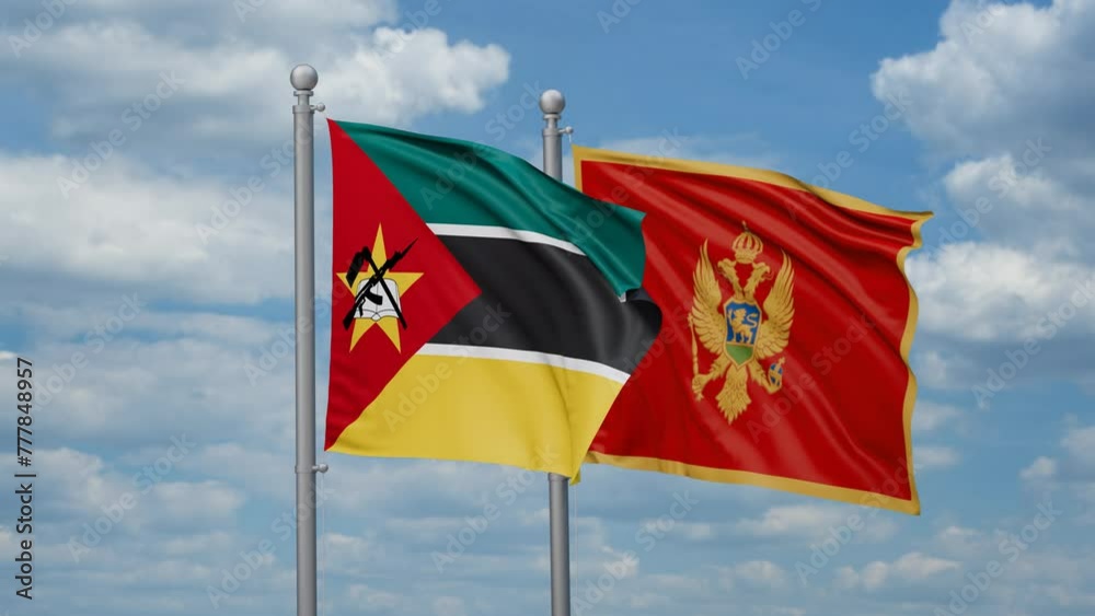 Montenegro and Mozambique two flags waving together, looped video, two country cooperation concept Montenegro and Mozambique two flags waving together, looped video, two country cooperation concept