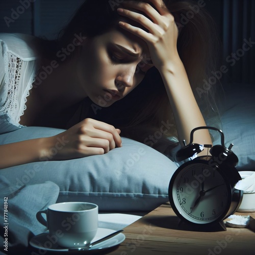 A woman, wide awake in the night, is seen touching her forehead, visibly troubled and experiencing insomnia.