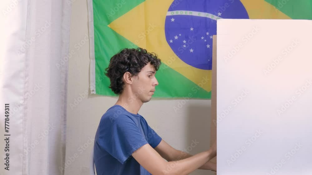 Jovem homem brasileiro escolhendo o seu candidato na urna eletrônica. Na parede, a bandeira do Brasil decora o local de votação. A imagem retrata as eleições brasileiras