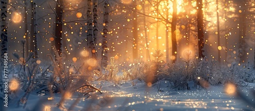 Breathtaking Sunset Bokeh Balls Filter Through SnowCovered Winter Forest A Serene and Enchanting Nature Escape