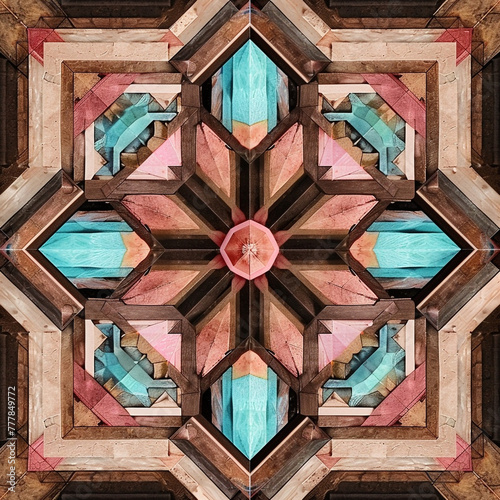 Illustration of a geometric, square shaped mandala with a repeating seamless pattern in brown, cream and teal colors.