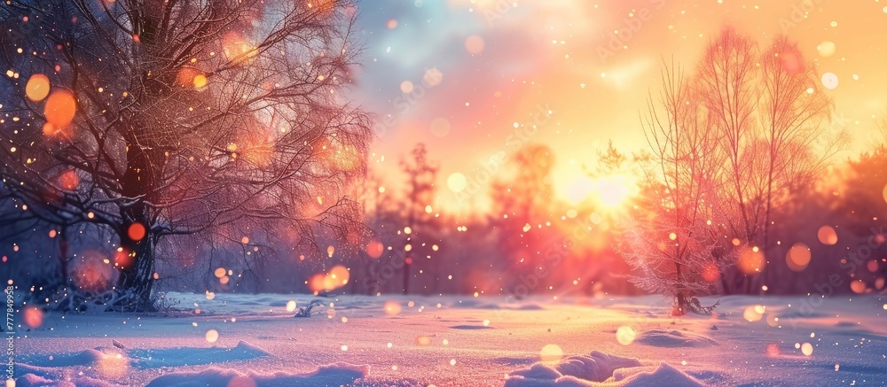 Golden Sunset Glow Illuminating Snowcovered Meadow at Twilight Romantic Atmosphere