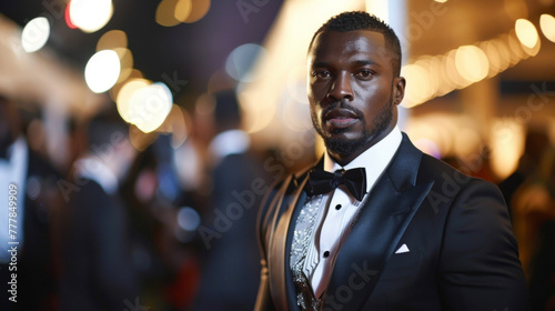 In a sleek black tuxedo a handsome black man exudes an air of elegance and sophistication as he walks the red carpet. His fashion choices pay homage to the powerful black stars who .