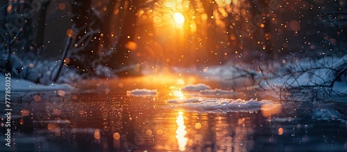 Enchanting Bokeh Sunset Illuminating Icy Pond During Winter Dusk