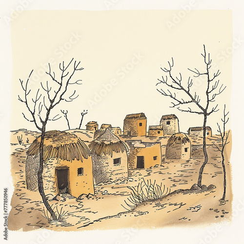 Illustration of a primitive village with small huts in neutral colors.