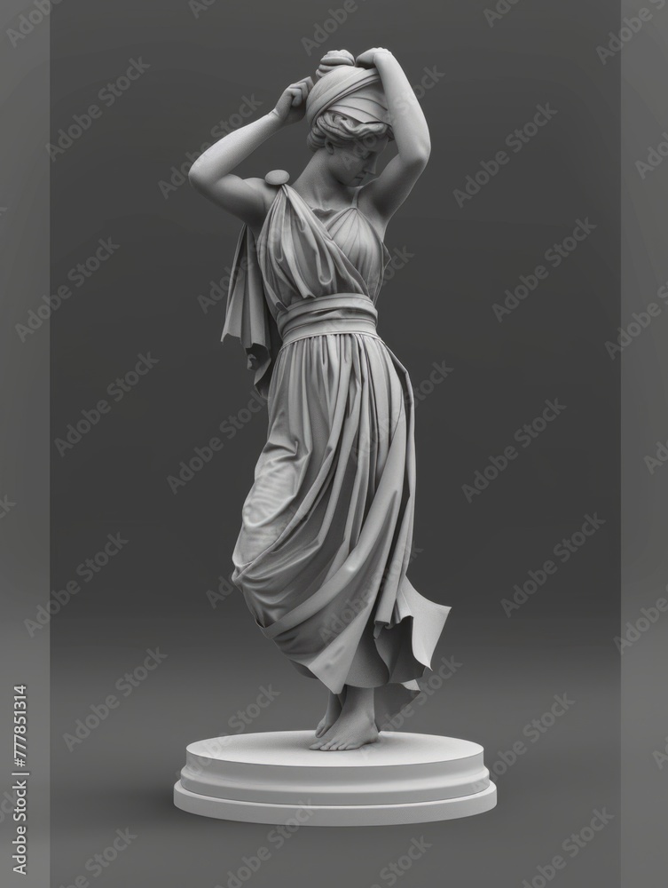 Naklejka premium Blindfolded statue in draped clothing - A monochromatic image capturing a classic statue of a blindfolded figure, draped in flowing robes, set against a plain background