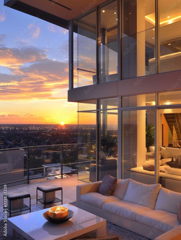 Fototapeta premium Elegant living space with a sunset city view - A high-rise apartment's inviting interior with a sunset over the cityscape offers a serene evening ambiance