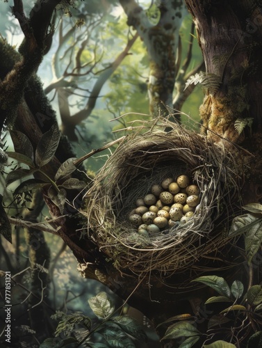 Bird's nest with speckled eggs in tree - A photorealistic depiction of life with a bird's nest full of eggs nestled in a tree © Tida