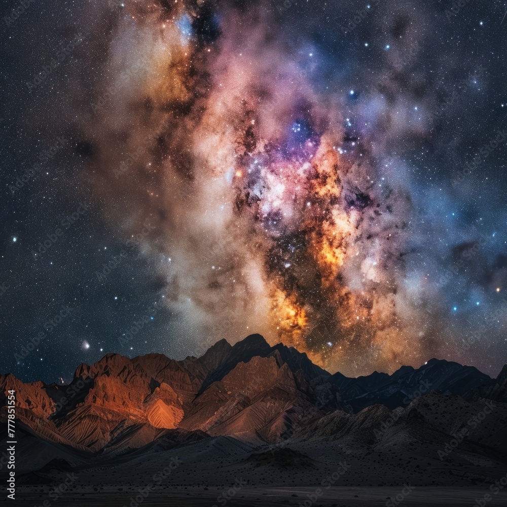 Galactic core over mountainous desert landscape - The core of the Milky Way galaxy rises above the silhouetted mountains in a desert setting