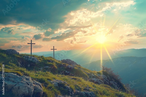 Sunset behind three crosses on a hill - Three rustic crosses stand atop a verdant hill, illuminated by a warm, radiant sunset against a dramatic sky