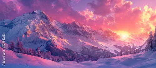 Breathtaking Bokeh Sunset Paints SnowCovered Mountains with Shades of Pink and Purple © Sittichok