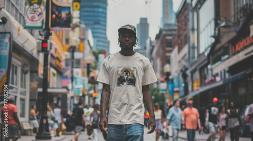 A black man walks through a bustling city street his outfit a nod to the pioneers of streetwear culture. With a vintage band tee baggy jeans and a snapback hat he embodies the raw .