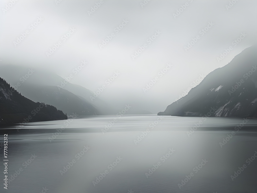 A calm lake with mountains in the background. The sky is cloudy and the water is still