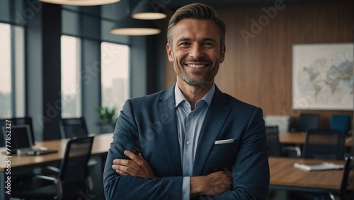 Businessman, arms crossed and portrait in office with smile for presentation or meeting with confidence, Male person, entrepreneur and corporate at work professional or formal outfit in boardroom © muqadas