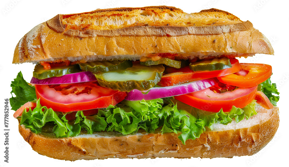 A sandwich with lettuce, tomatoes, and pickles, cut out - stock png. A sandwich with lettuce, tomatoes, and pickles, cut out - stock png.