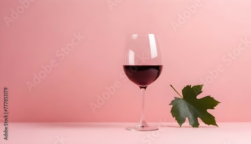 Romantic composition with red wine glass and leaf shadow on pastel pink background on a sunny day. Trendy, minimal party concept.