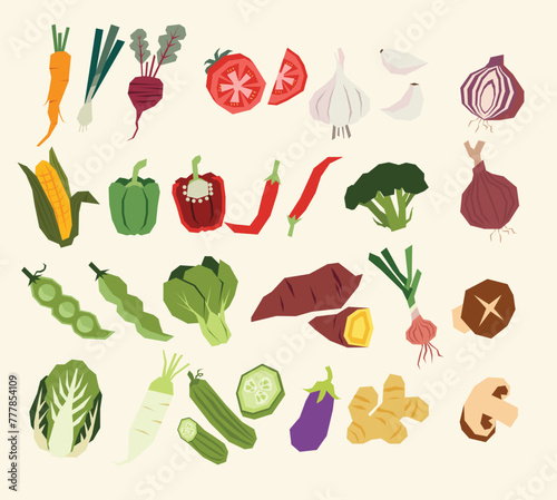 Vegetable Illustration collection with background. flat cut out style, seamless pattern, frame for printing